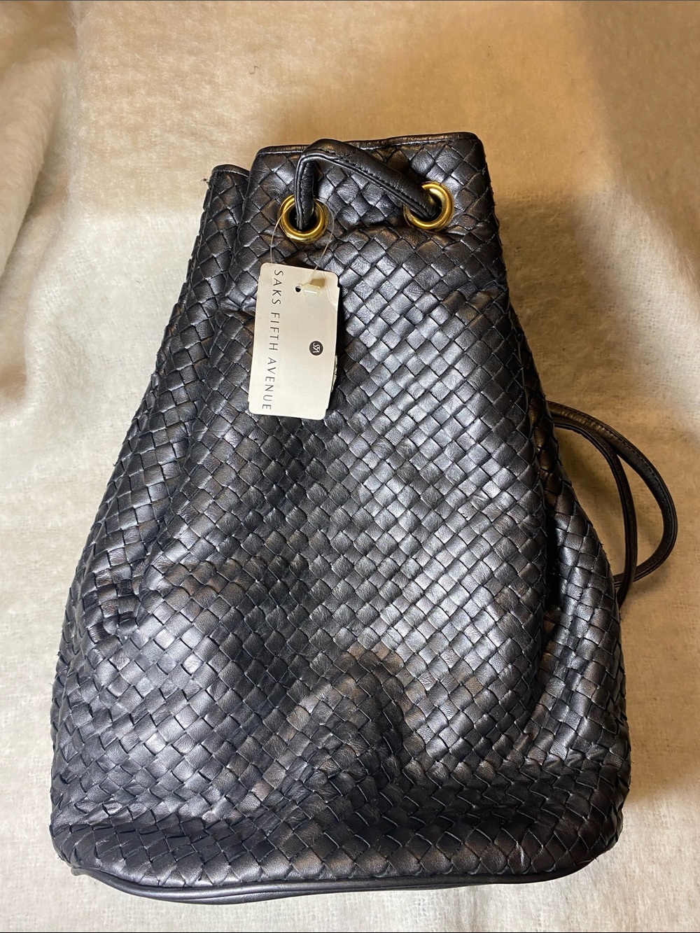 Saks Fifth Avenue Aspect Woven Leather Drawstring Backpack with Gold Hardware